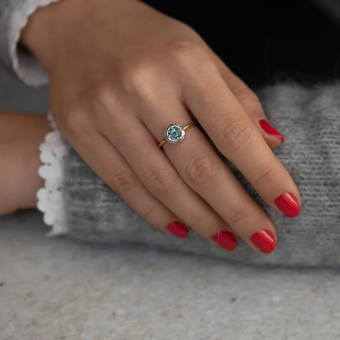 Rings Diamond Sphere Ring with Asscher Cut Teal Sapphire OOAK ARTEMER