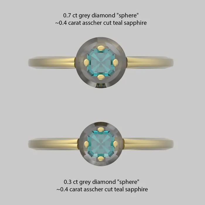 Rings Diamond Sphere Ring with Asscher Cut Teal Sapphire OOAK ARTEMER