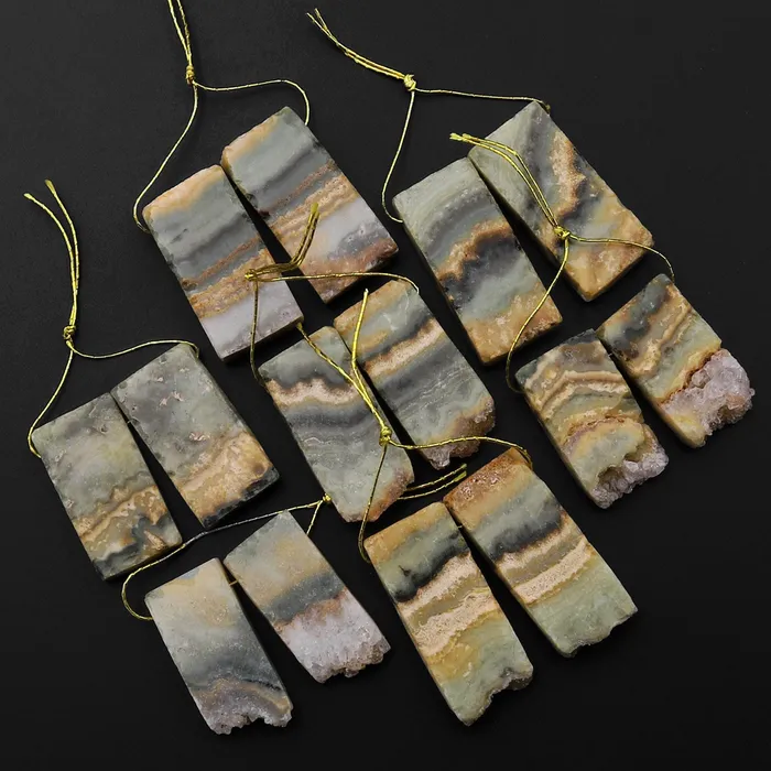 Small Natural Golden Green Amethyst Stalactite Slice Matched Earring Gemstone Bead Pair Intrinsic Trading Earrings