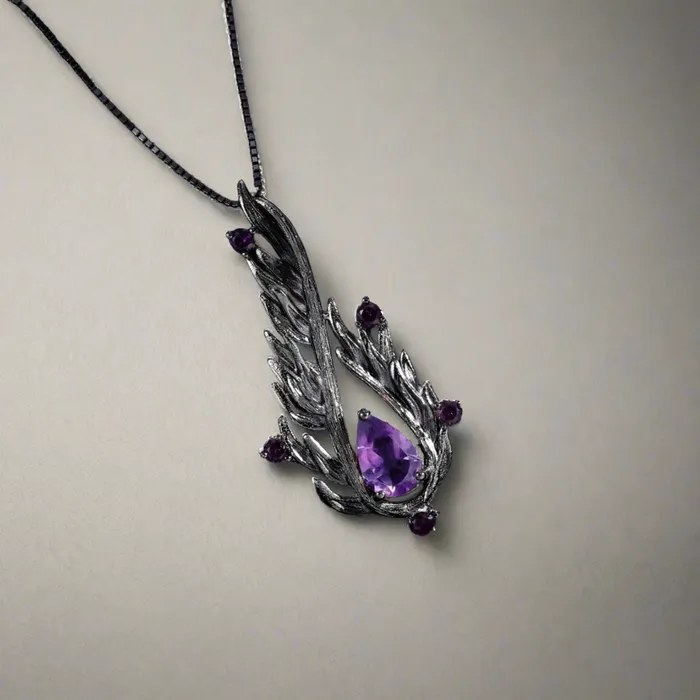 Viking Trinkets Necklaces Flames Of Hel 925 Sterling Silver Necklace inlaid with Natural Amethysts Viking Trinkets Necklaces Flames Of Hel 925 Sterling Silver Necklace inlaid with Natural Amethysts