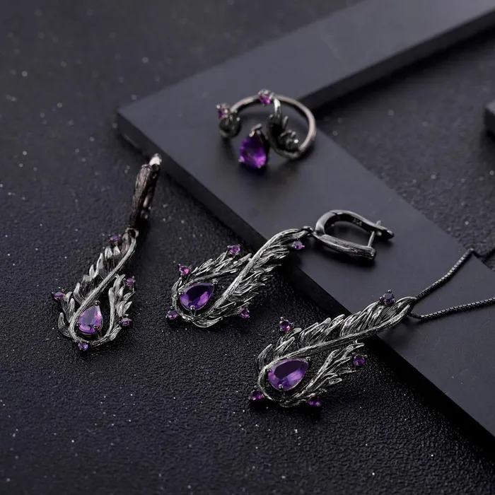 Viking Trinkets Necklaces Flames Of Hel 925 Sterling Silver Necklace inlaid with Natural Amethysts